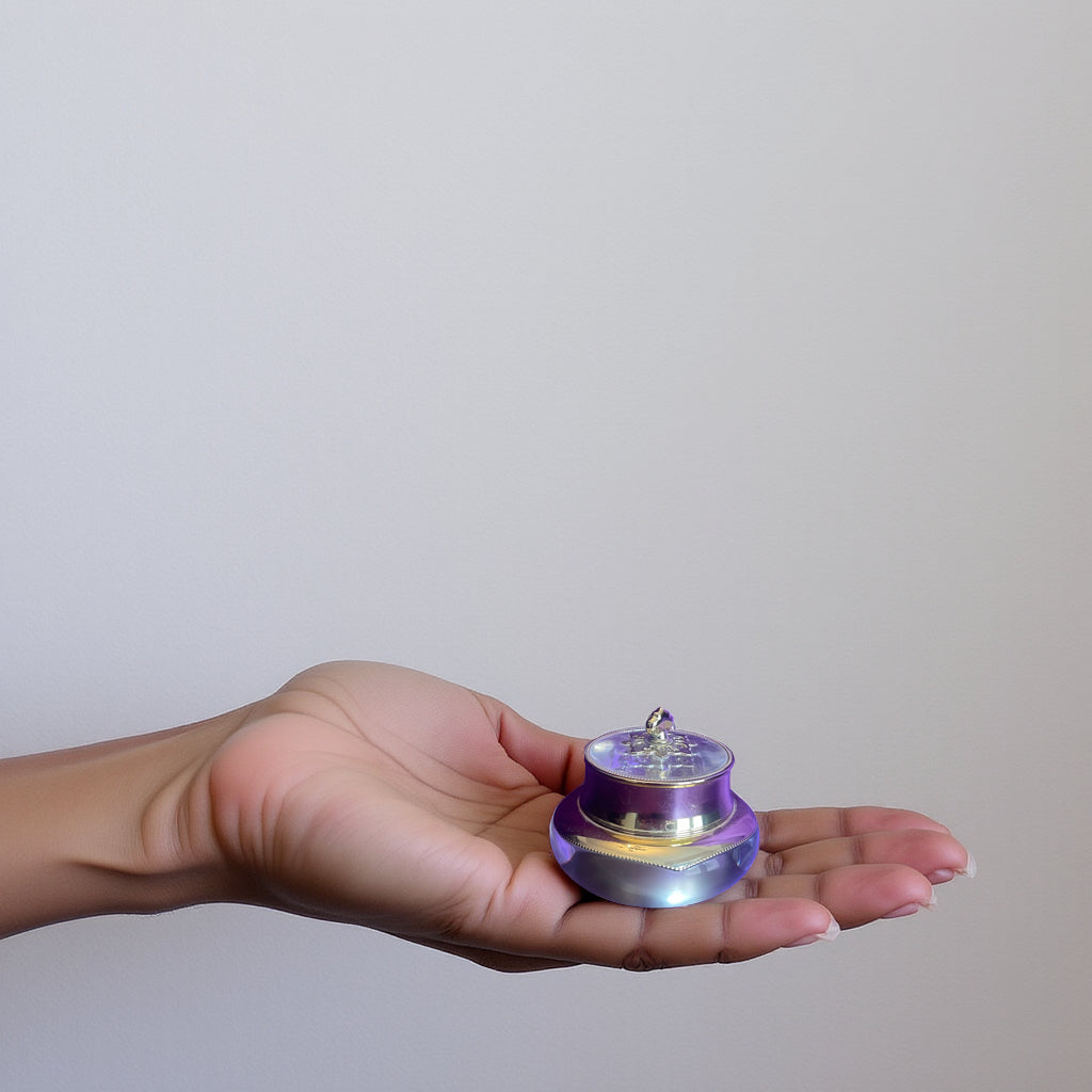 Hand holding a small purple and silver Royal Adventure Skin, Royal Secret Eye Cream jar